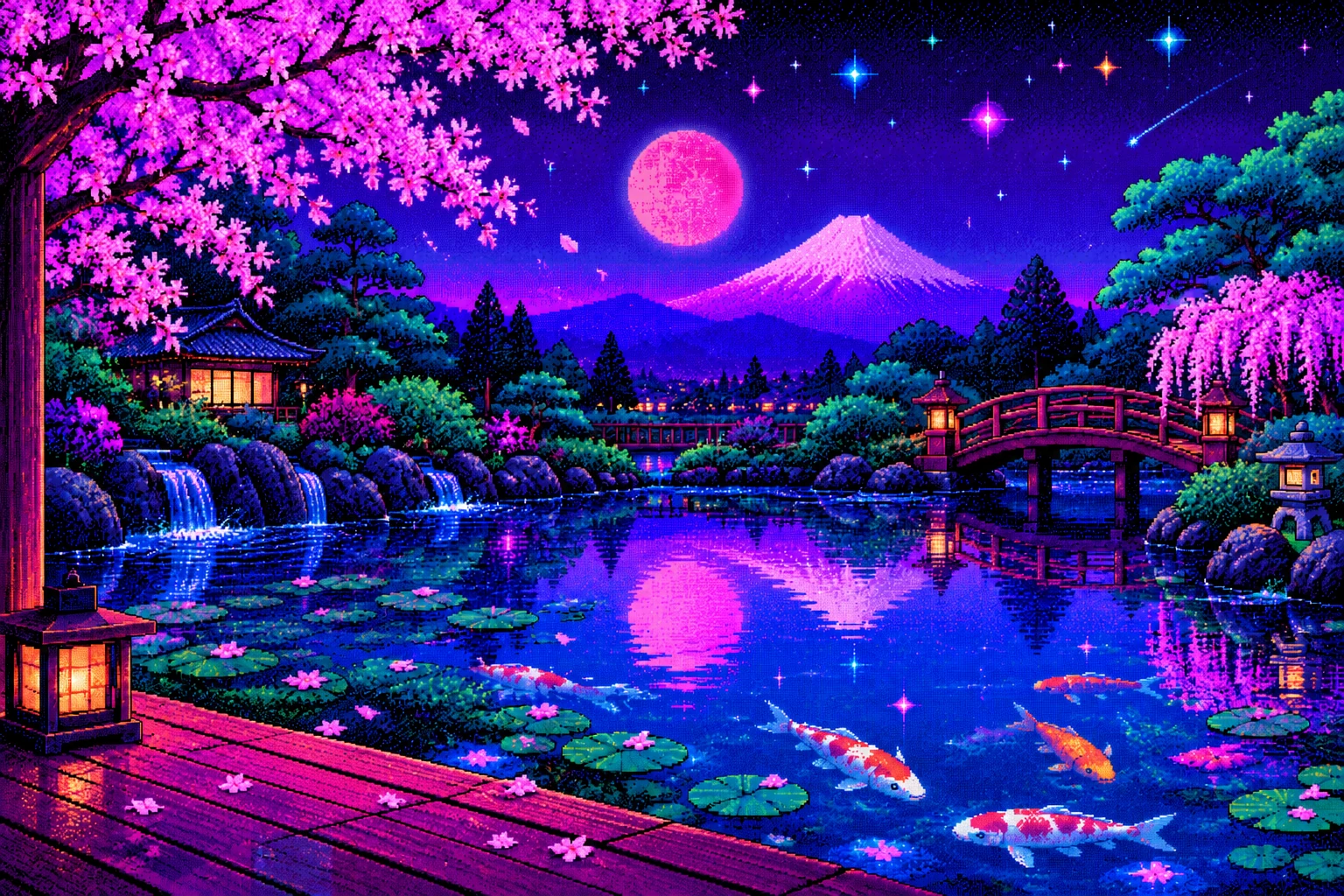 A pixel-art Japanese koi pond under a pink moon, with koi in the water, cherry blossoms, purple mountains, a wooden bridge, and a pond-side deck.